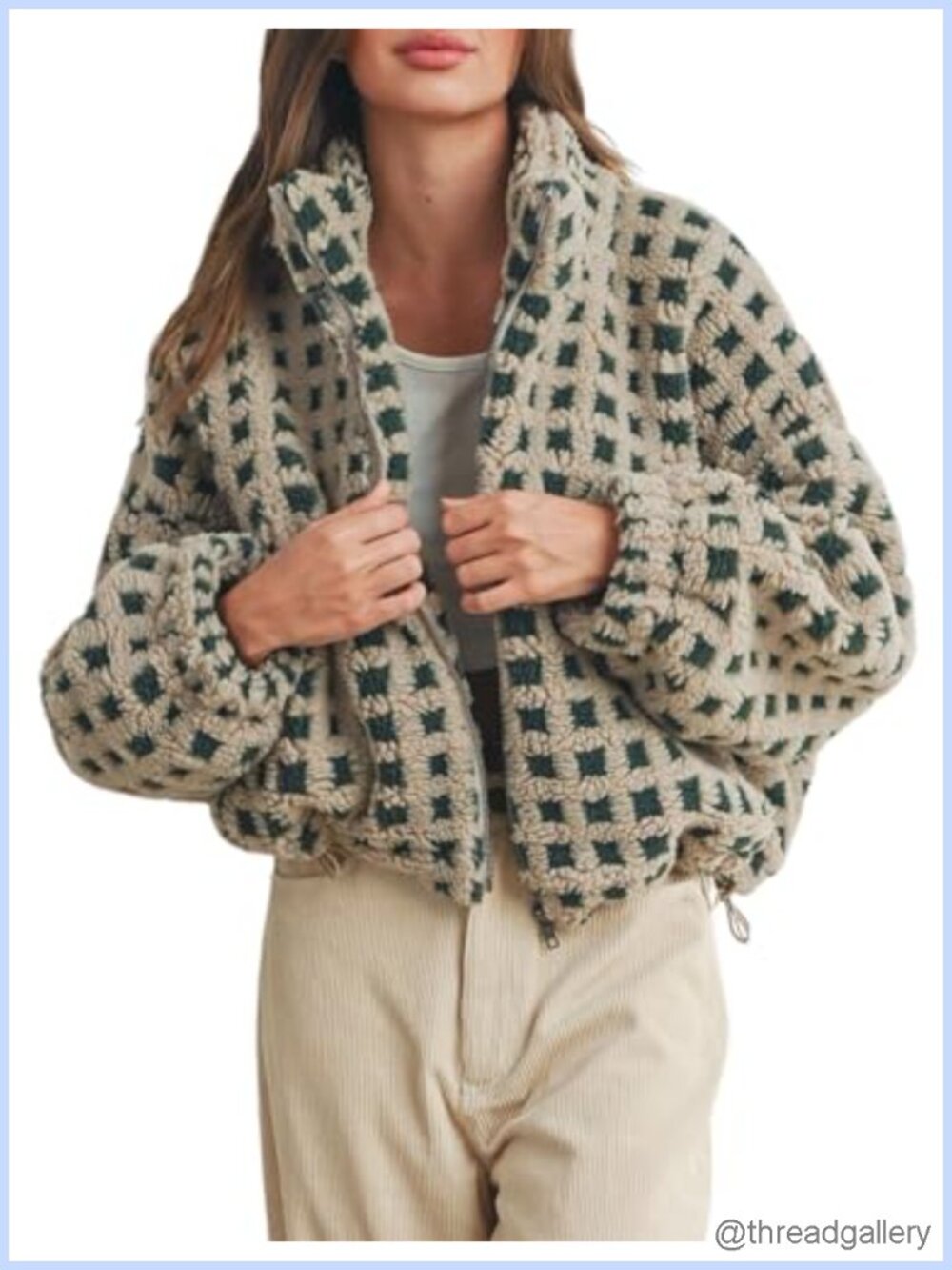 Women's Cropped Sherpa Fleece Plaid Jacket Zip Up Teddy Fleece Outerwear